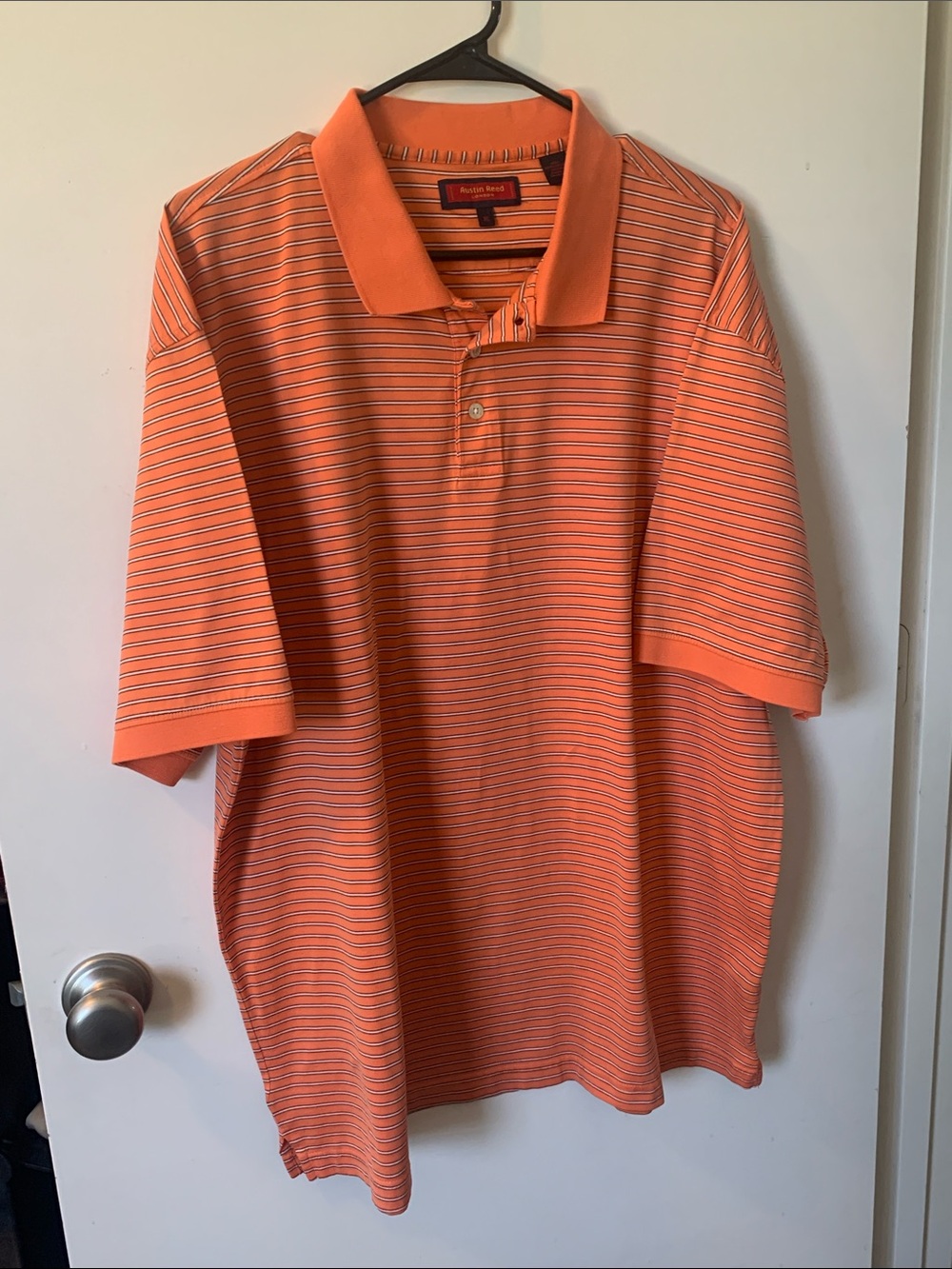 Austin Reed Orange Polo with Thin Navy Stripes